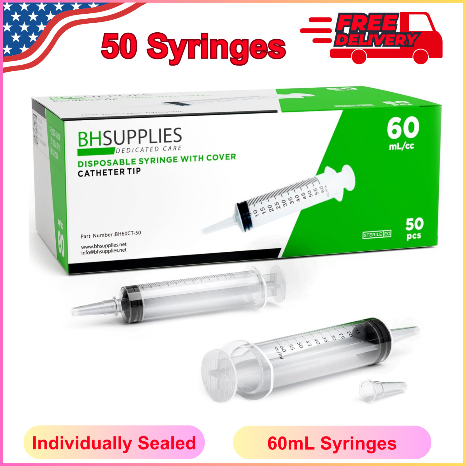 BH Supplies 60mL Syringe Catheter Tip Sterile with Caps (No Needle) 50 Syringes