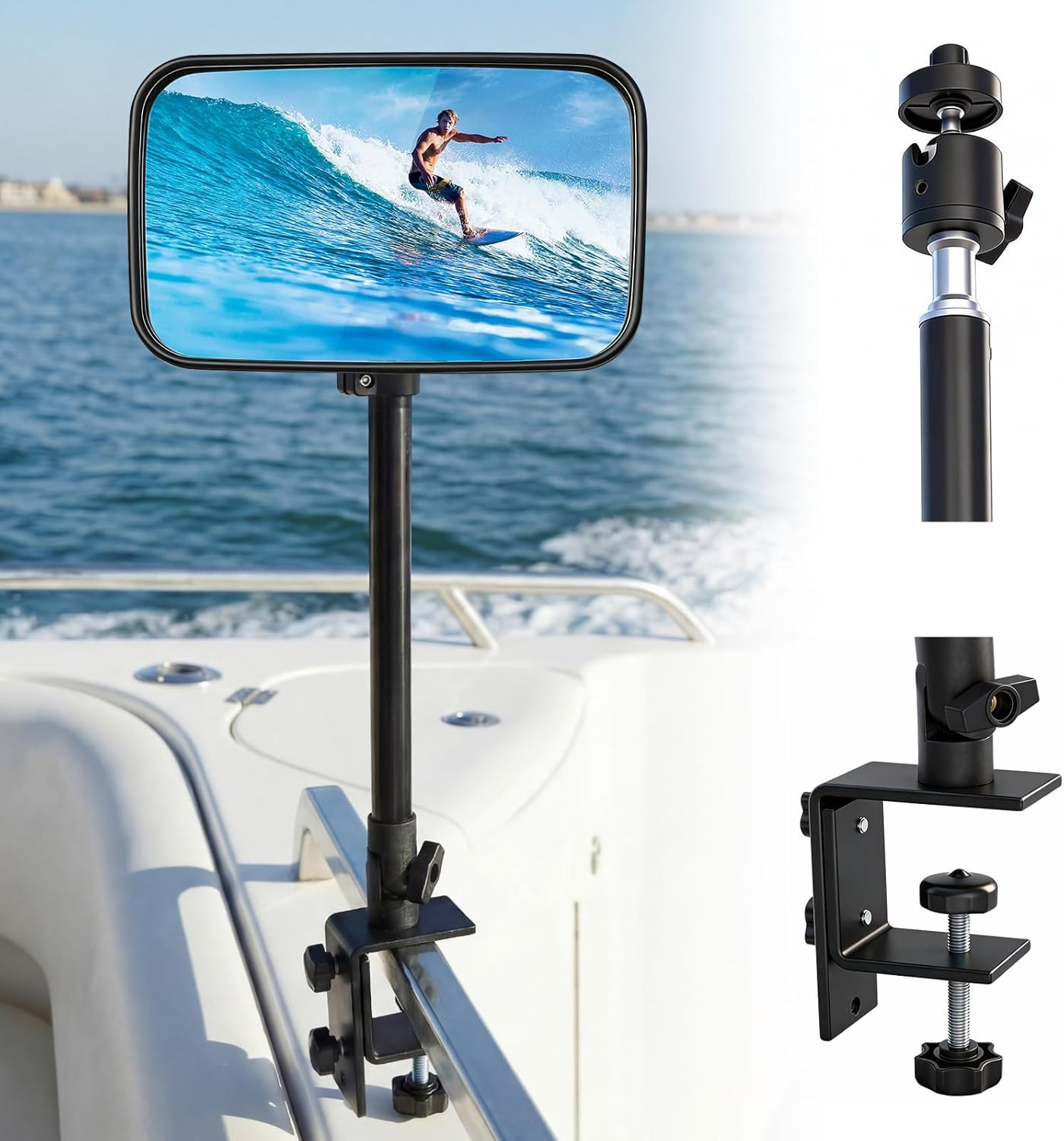 Pontoon Boat Rear View Mirror with Telescoping Pole 10″ X 6.3″ 360° Adjustable M