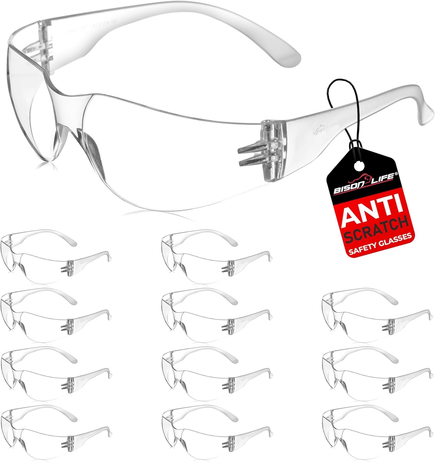 BISON LIFE Safety Glasses – Scratch Resistant 12 per box (1 box), Clear/Clear