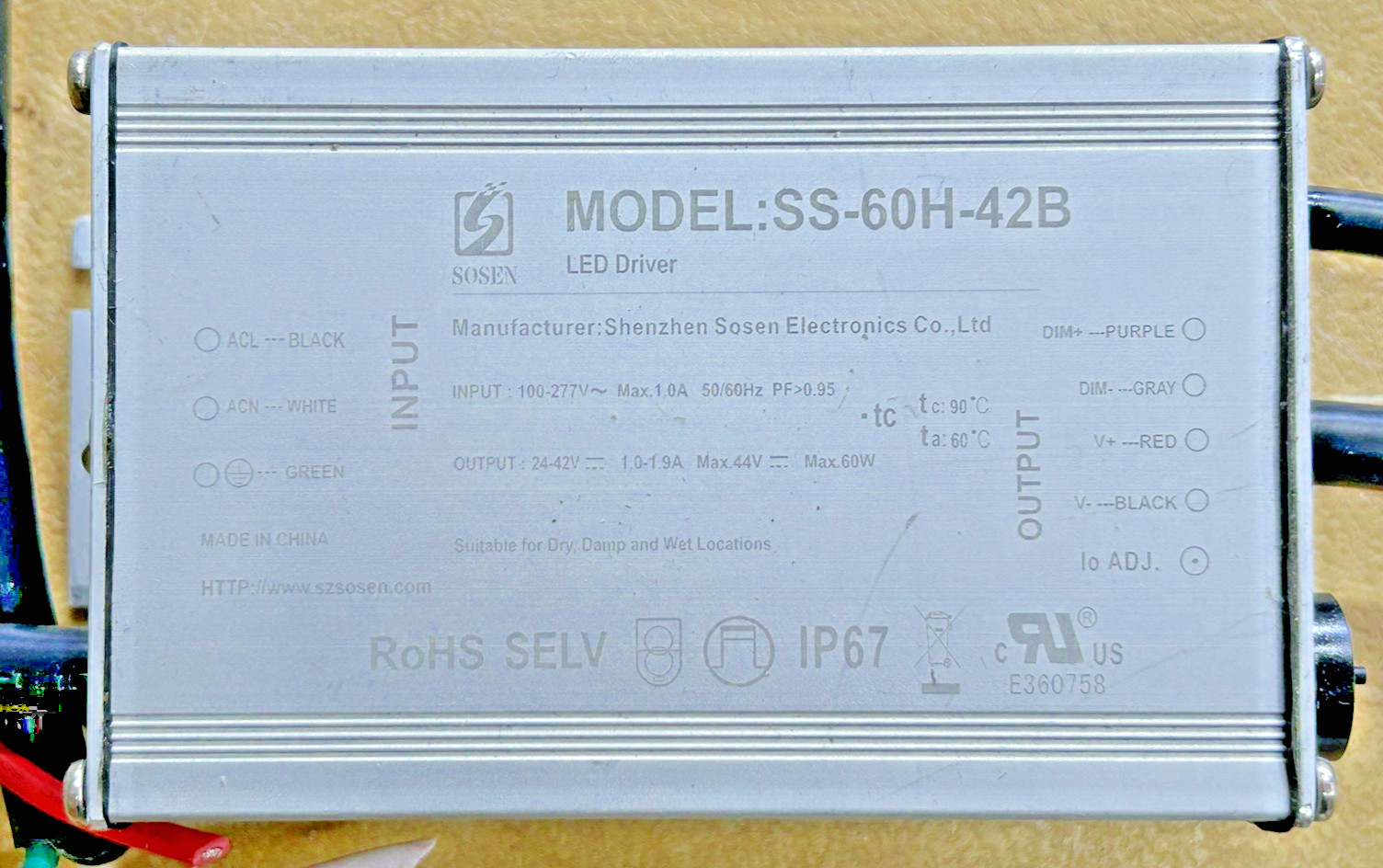 SOSON SS-60H-42B LED Driver, 60 watt Dimmable, 120-277v NEW