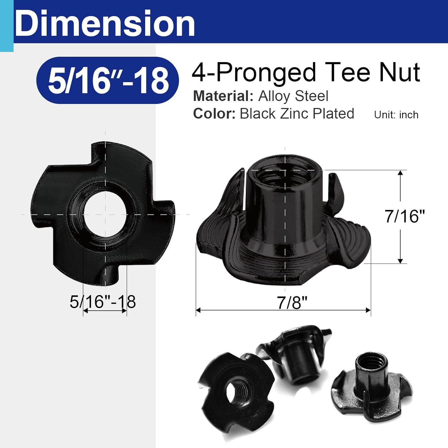 50 Pack 5/16″-18 T Nuts for Wood, Black Carbon Steel 4-Prong Tee Nuts for Fur…
