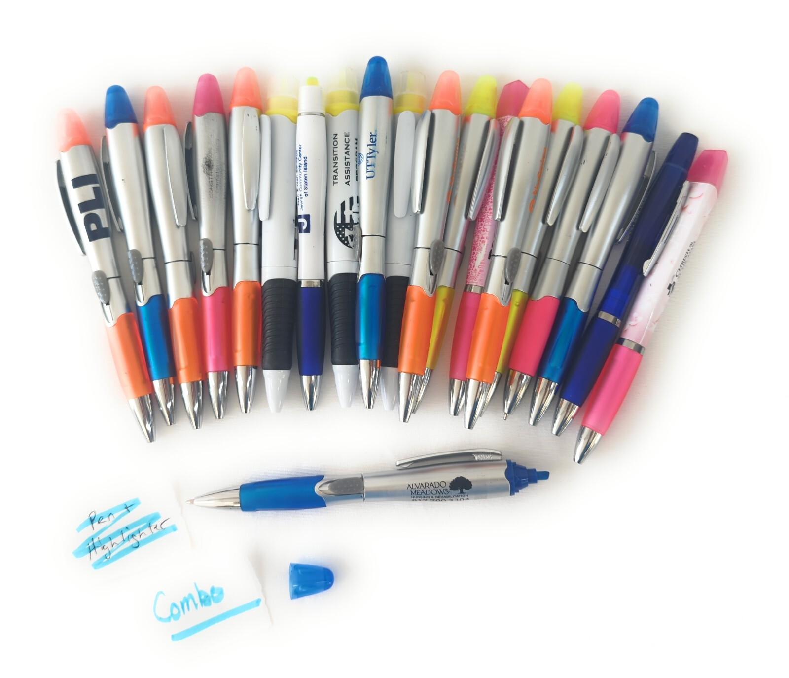 20ct Lot Misprint Click Pen & Highlighter 2 In 1 Combo Pack: Pink/Blue/Yellow