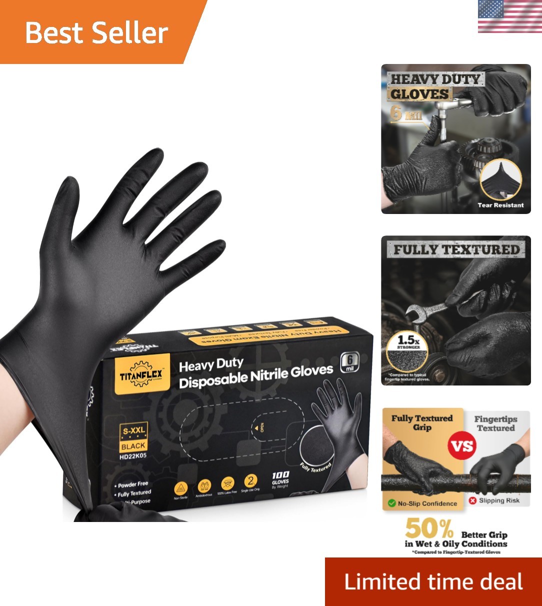 Heavy Duty Black Nitrile Gloves, 6 Mil, Fully Textured, Mechanic Disposable G…