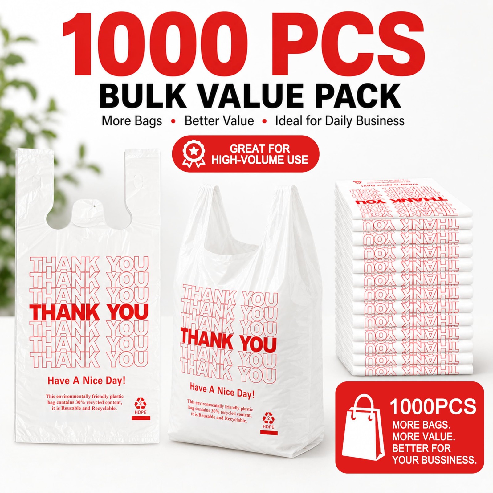 1000 Pack White Thank You T-Shirt Bags with Handles, 11″x6″x21″ Plastic Shopp…