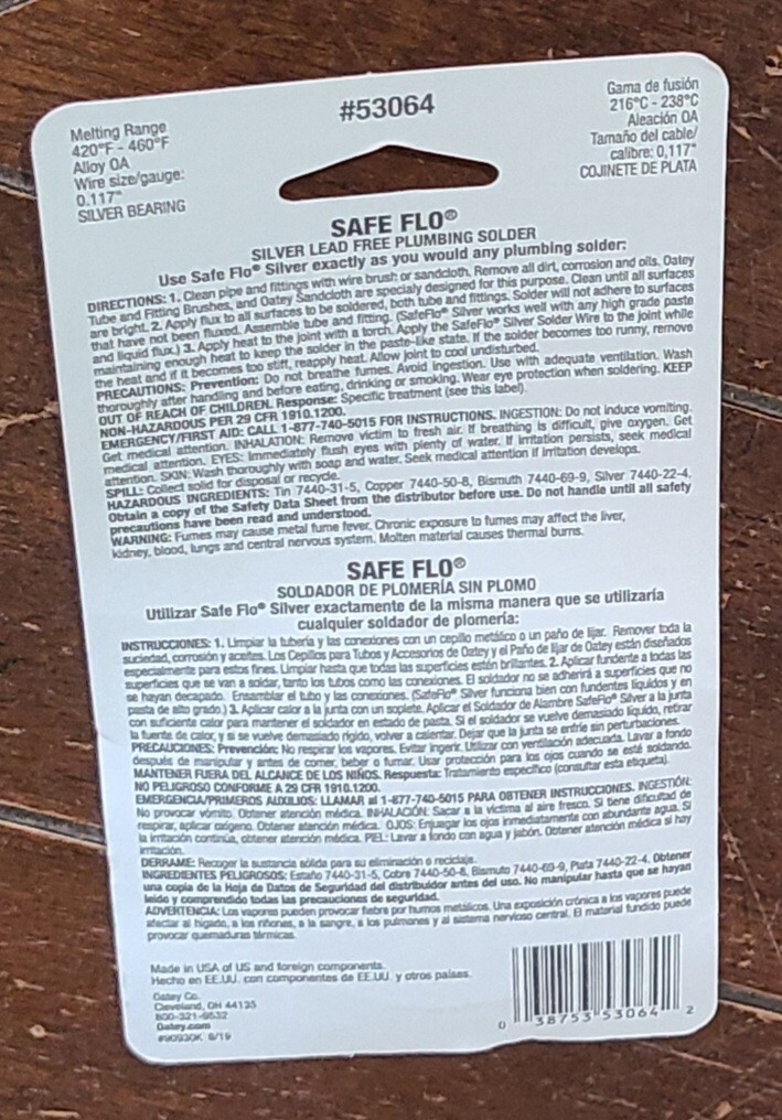 OATEY 8oz Professional Grade Safe Flo Silver Led Free Plumbing Solder #53064