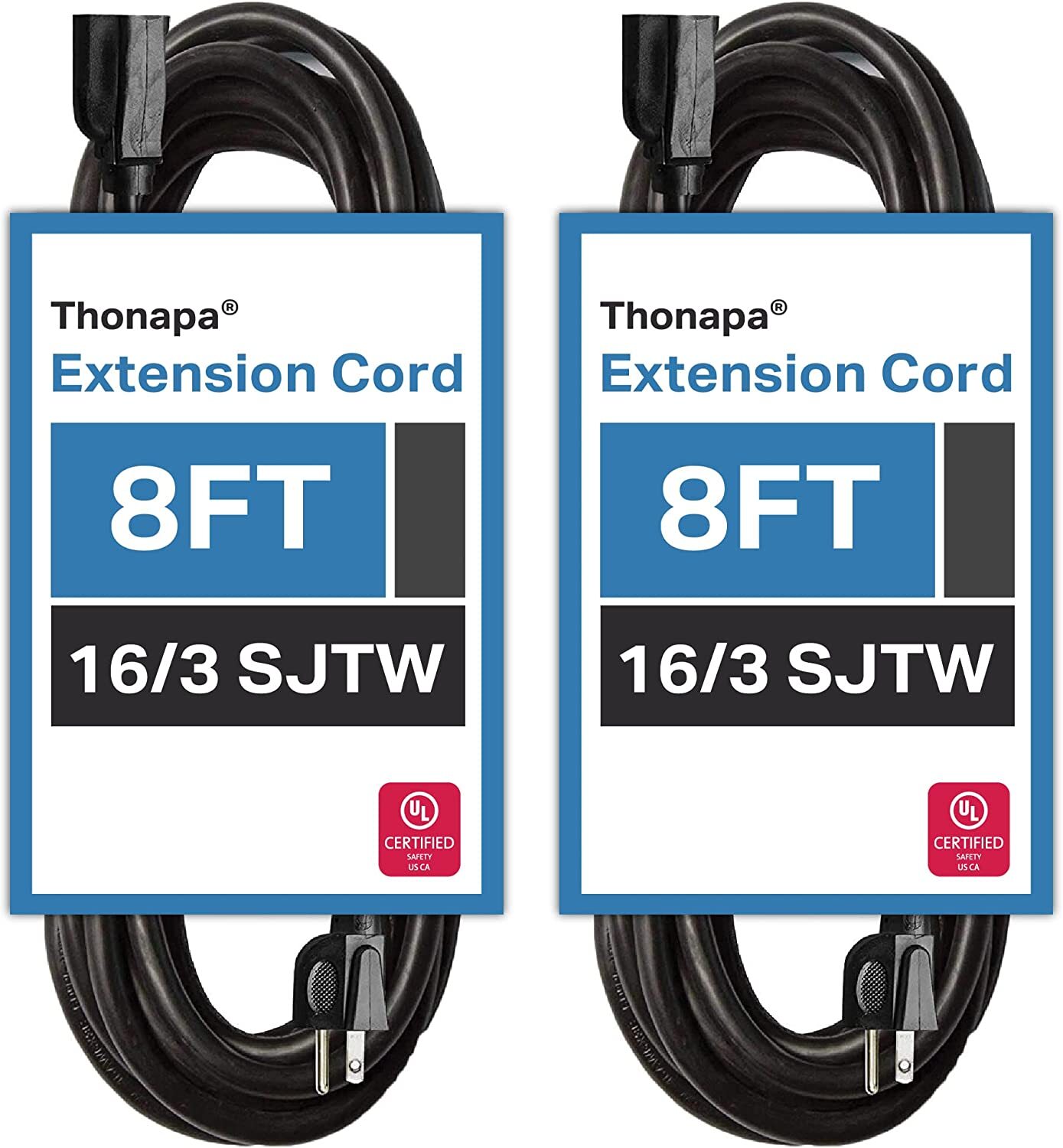 Thonapa 16/3 8 Ft Outdoor Extension Cords – 2 Pack Black Durable Black Cable
