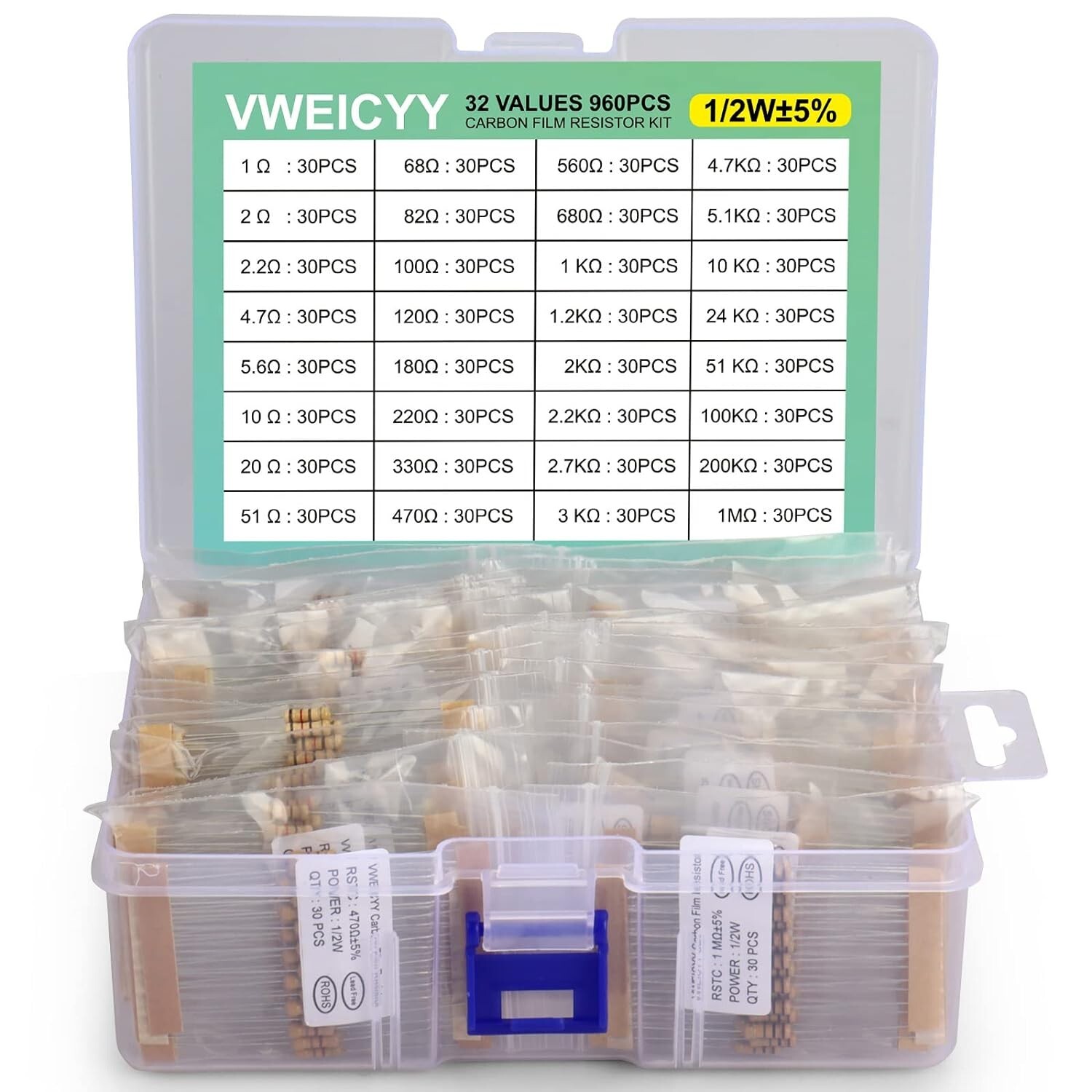 500 Pieces 1/2 Watt Resistor Kit Assortment in Compartmentalized Storage Box
