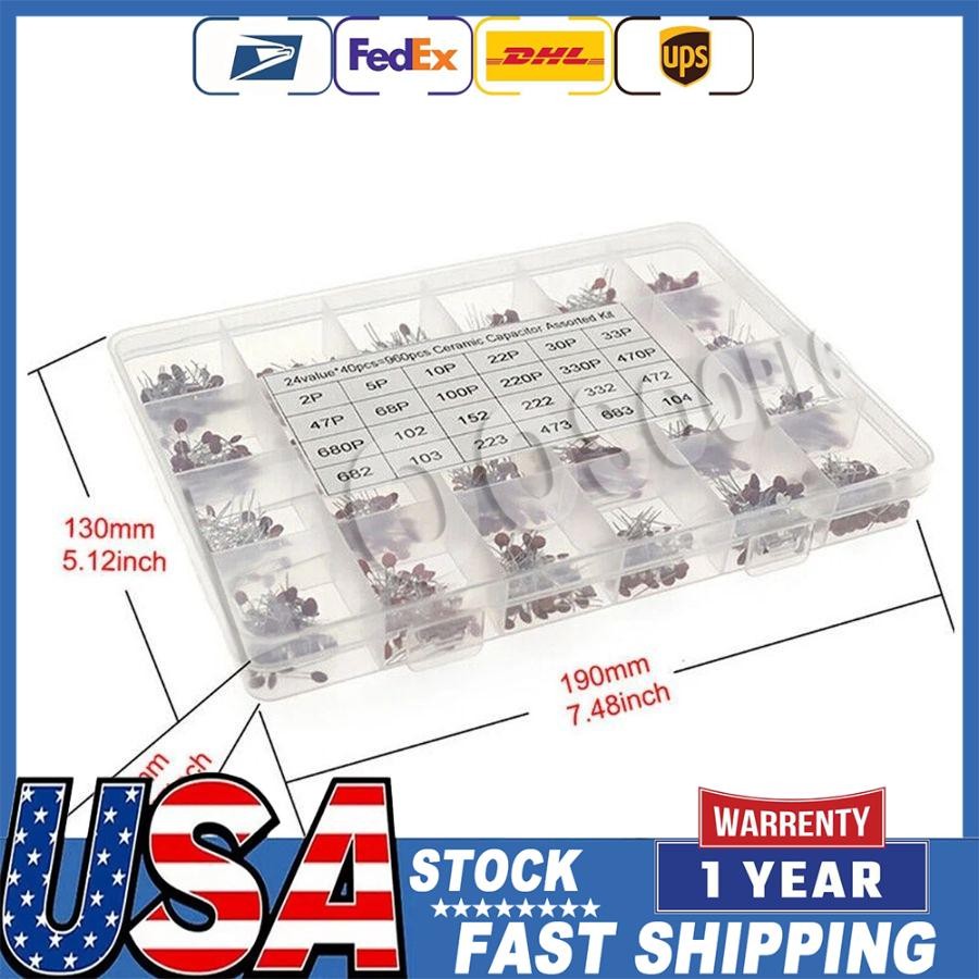 960Pcs/Lot X 2PF-0.1UF 50V 24Value*40Pcs Ceramic Capacitor Assortment Kit US