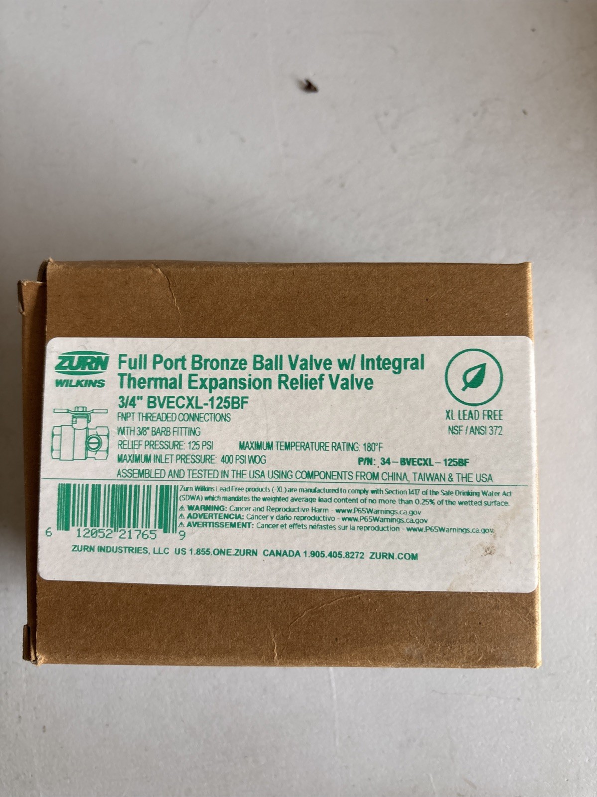 Zurn Ind. 3/4” Full Port Bronze Ball Valve w/ Integral Thermal 34-BVECXL-125BF