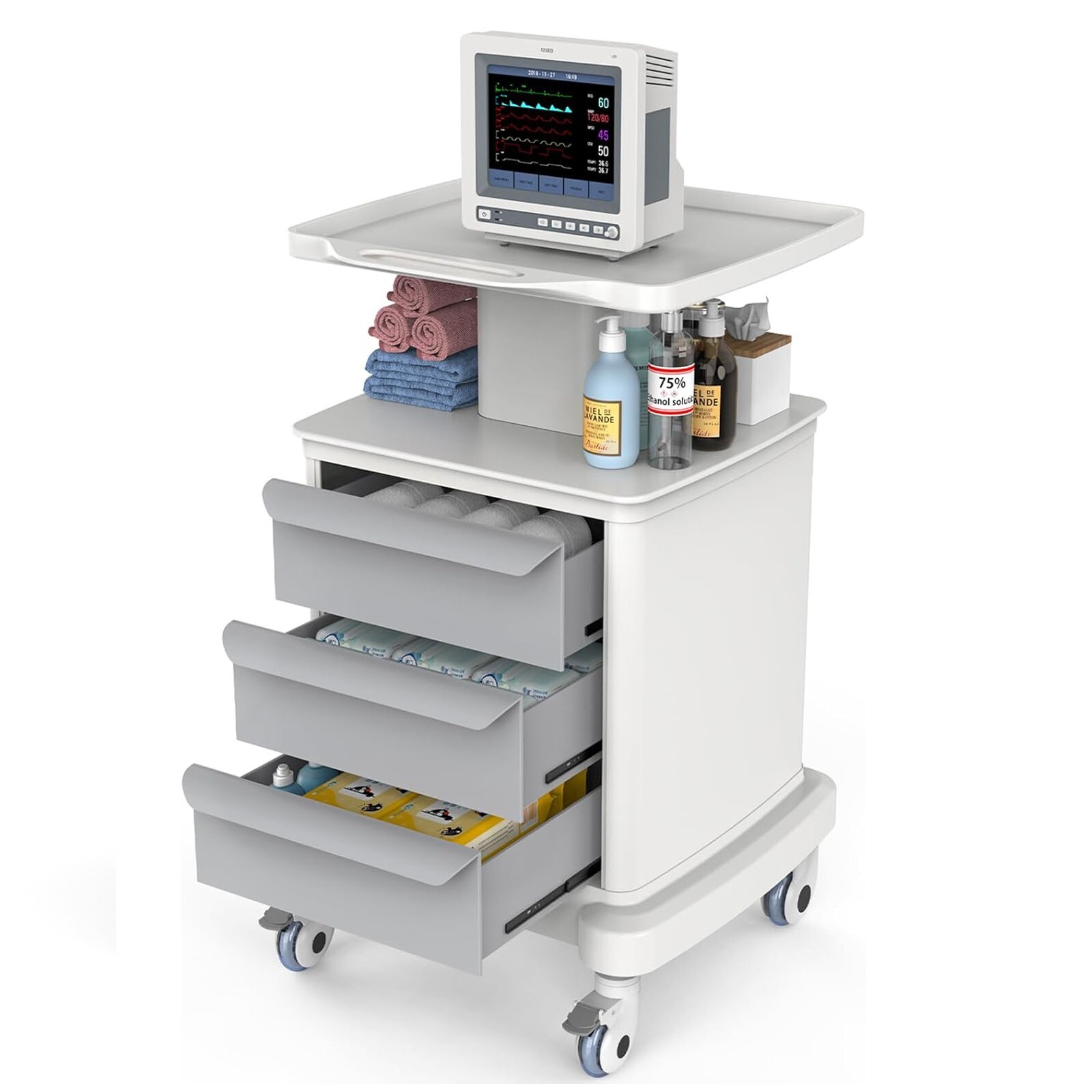 4 Tiers Lab Carts Mobile Medical Cart with 3 Drawers & 1 Top Tray White