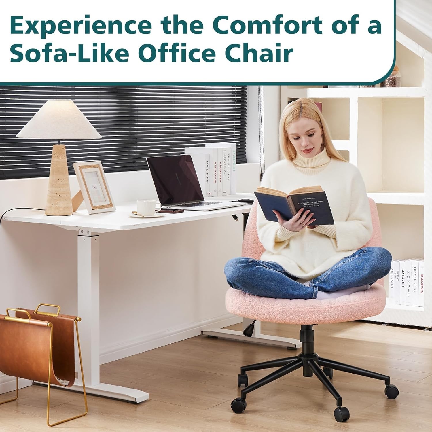 Adjustable Swivel Criss Cross Chair in Teddy Pink – Ideal for Office & Vanity