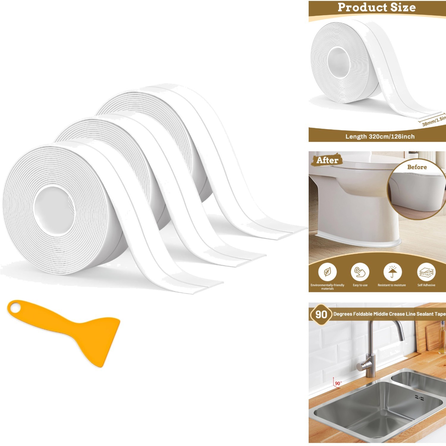 Waterproof Self-Adhesive Caulk Tape, 3 Rolls 1.5″ x 10.5ft for Kitchen & Bath