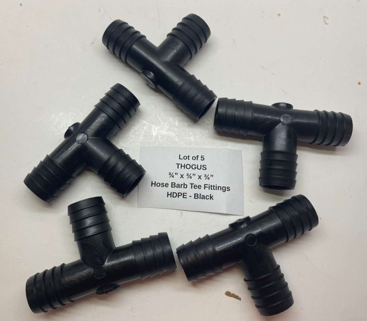 Lot of 5 THOGUS 3/4″ Barbed HDPE Tee Fittings (3/4″ x 3/4″ x 3/4″) – Black –