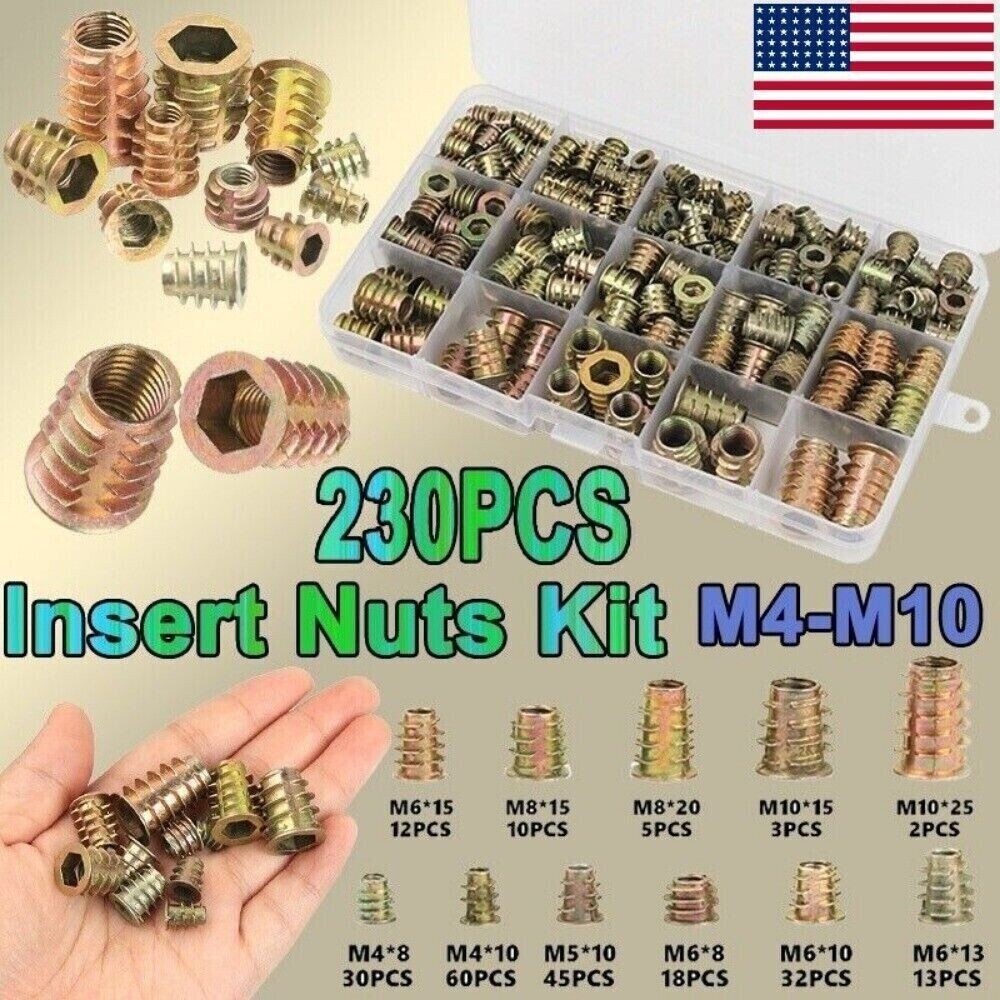 230Pcs THREADED HEX DRIVE INSERT FIXING WOOD SCREW INSERTS NUTS M4/M5/M6M8/M10