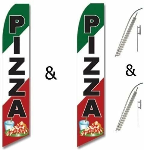 Twin Pack Swooper Flags & Pole Kits Green White Red with Black Text PIZZA