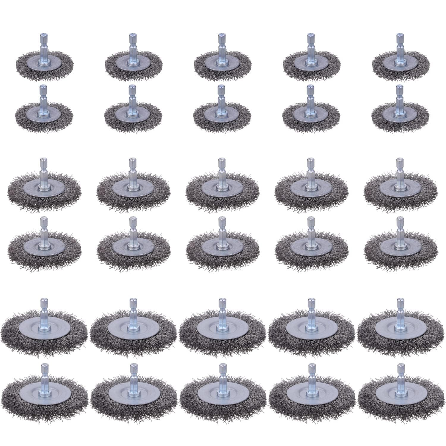 30 PCS Carbon Steel Wire Wheel Brush 1/4 Inch Hex Shank Rust Removal 3 Size