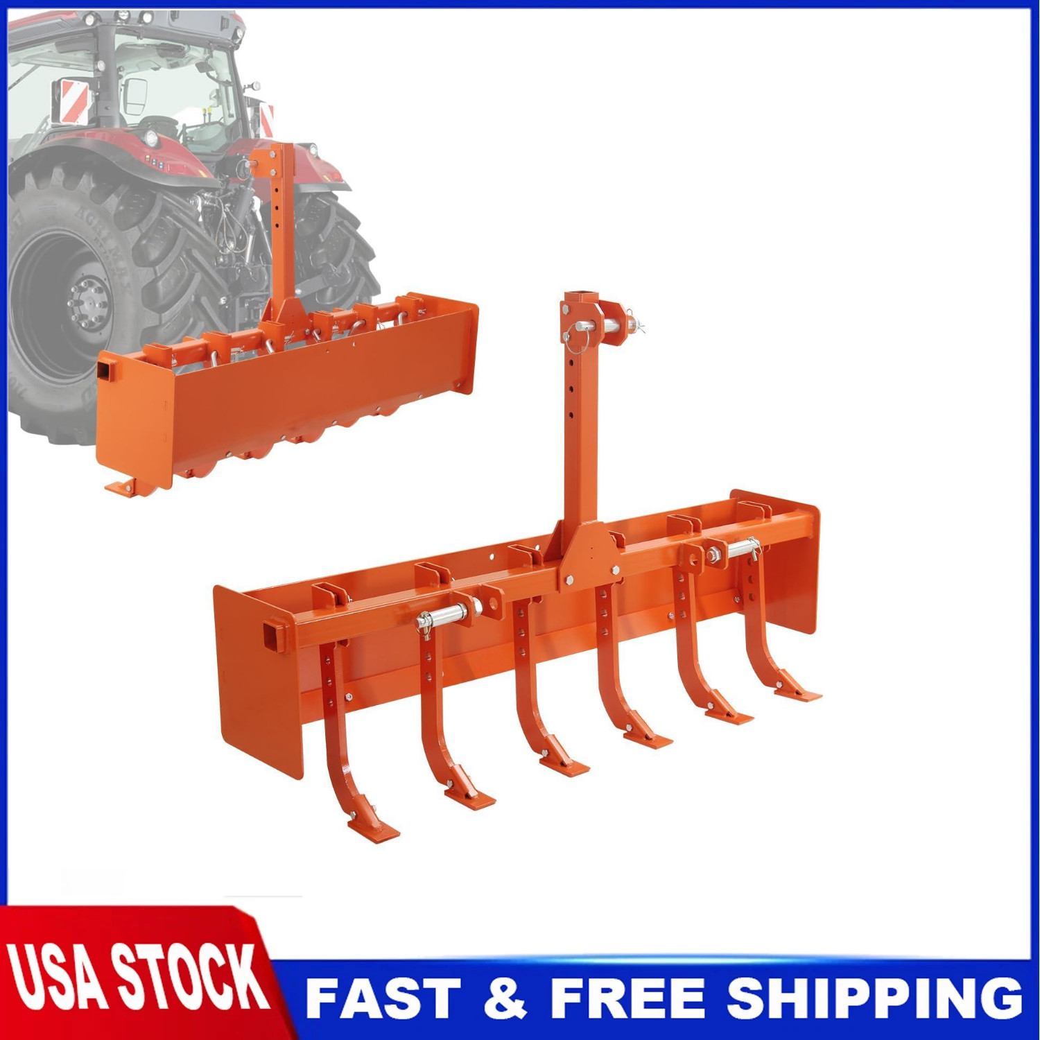 Powder Coated Steel 55″ Box Blade Scraper W/ 6 Scarifier Shank For Cat 0 Cat 1