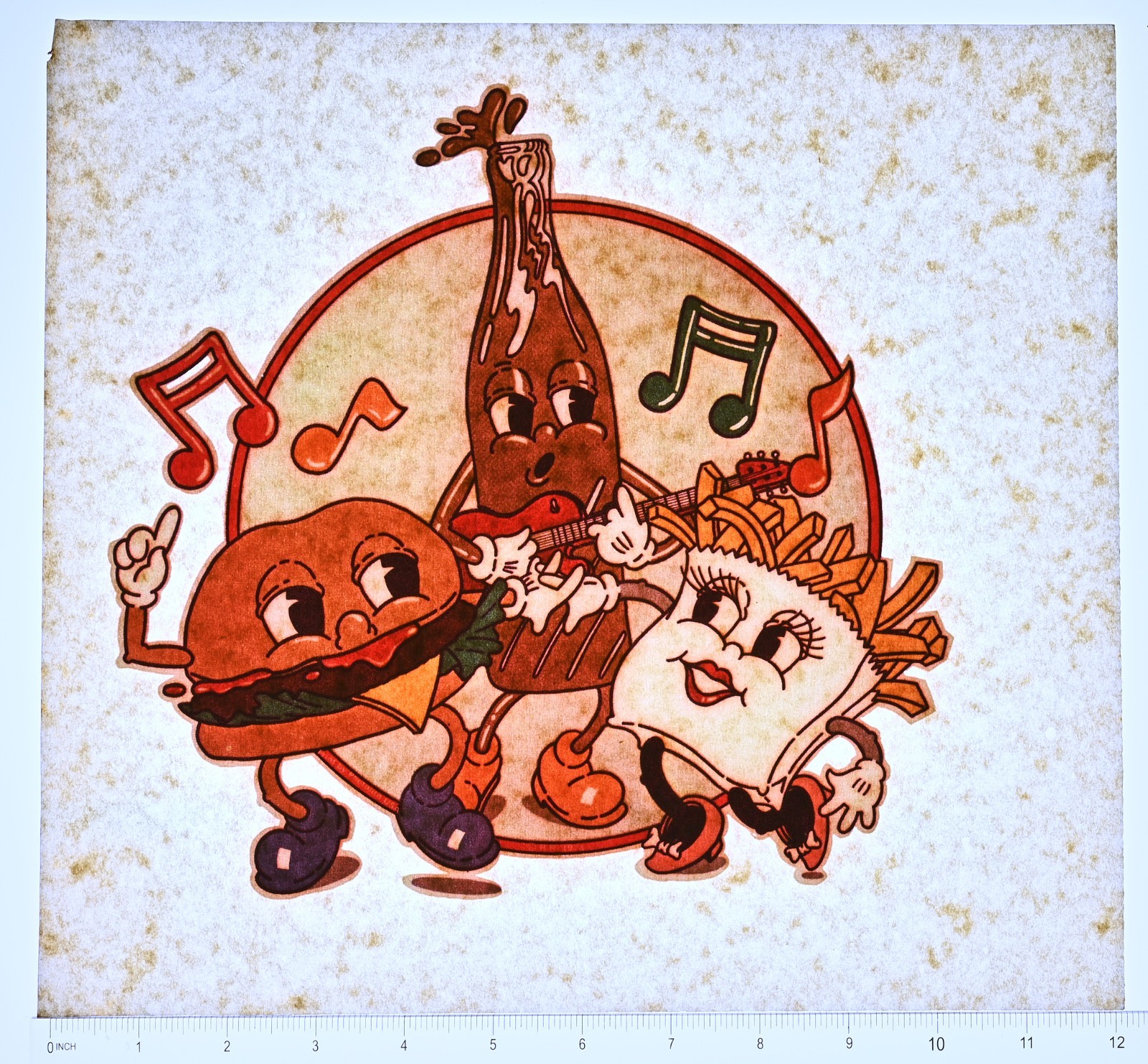 Original VINTAGE 1970s Heat Transfer | Burger Fries Soda Band Cartoon