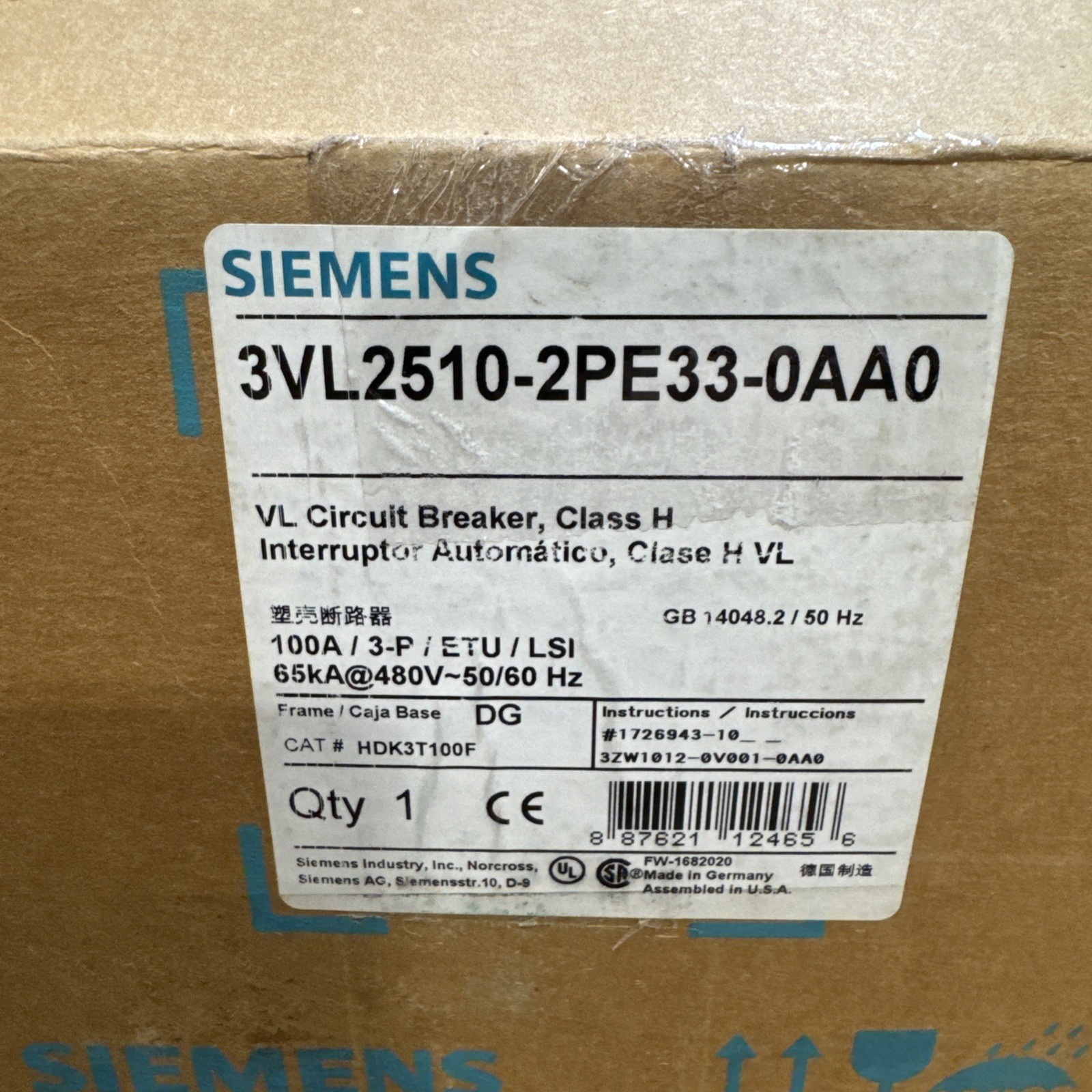 SIEMENS 3VL2510-2PE33-0AA0 HDK3T100F 3VL9210-6PE30 100A HDK3T100 100 Amp 100 A