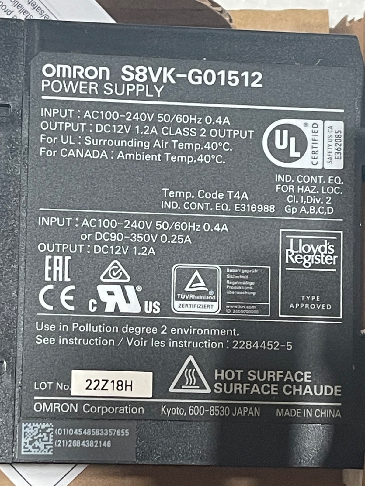 Omron S8VK-G01512 Power Supply 12v-dc 1.2 Amp 100-240v-ac
