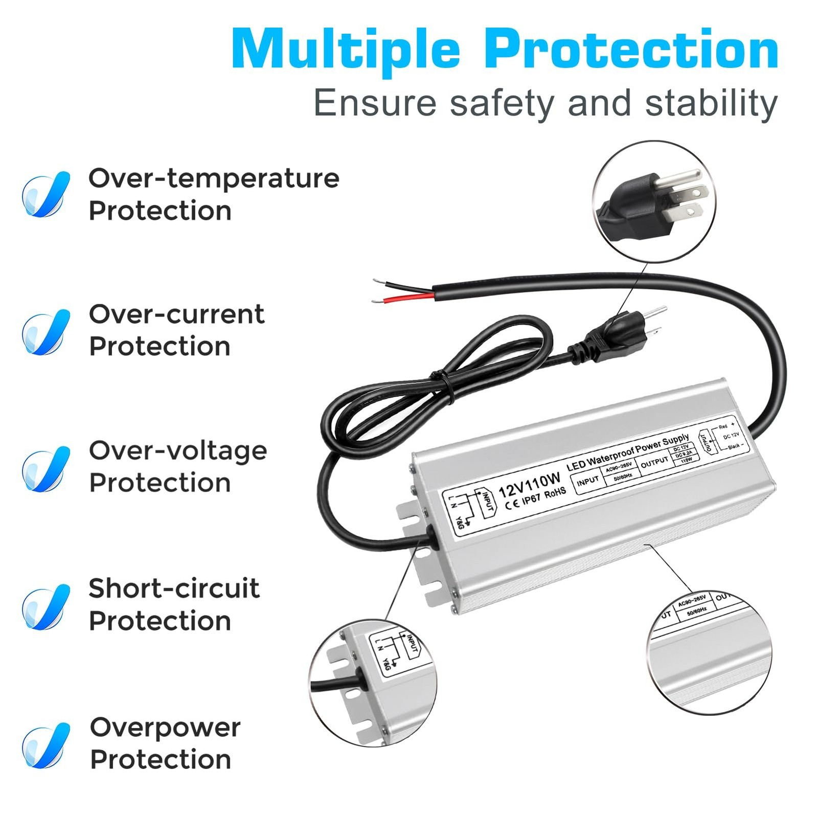 12V Power Supply, LED Driver IP67 Waterproof 110W, AC 90-265V to DC 12 Volt 9…