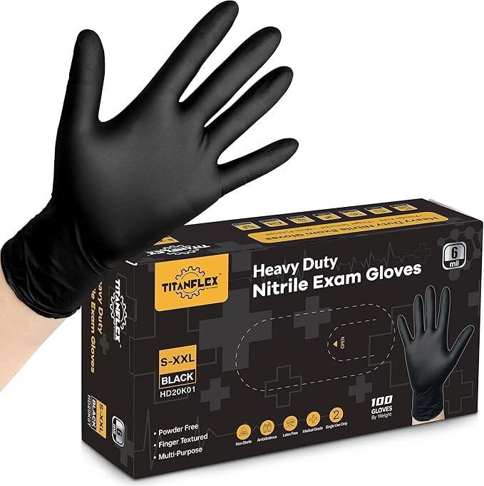 Disposable Nitrile Exam Gloves, 6-mil, Black, Large 100-ct Box, Heavy Duty Di…