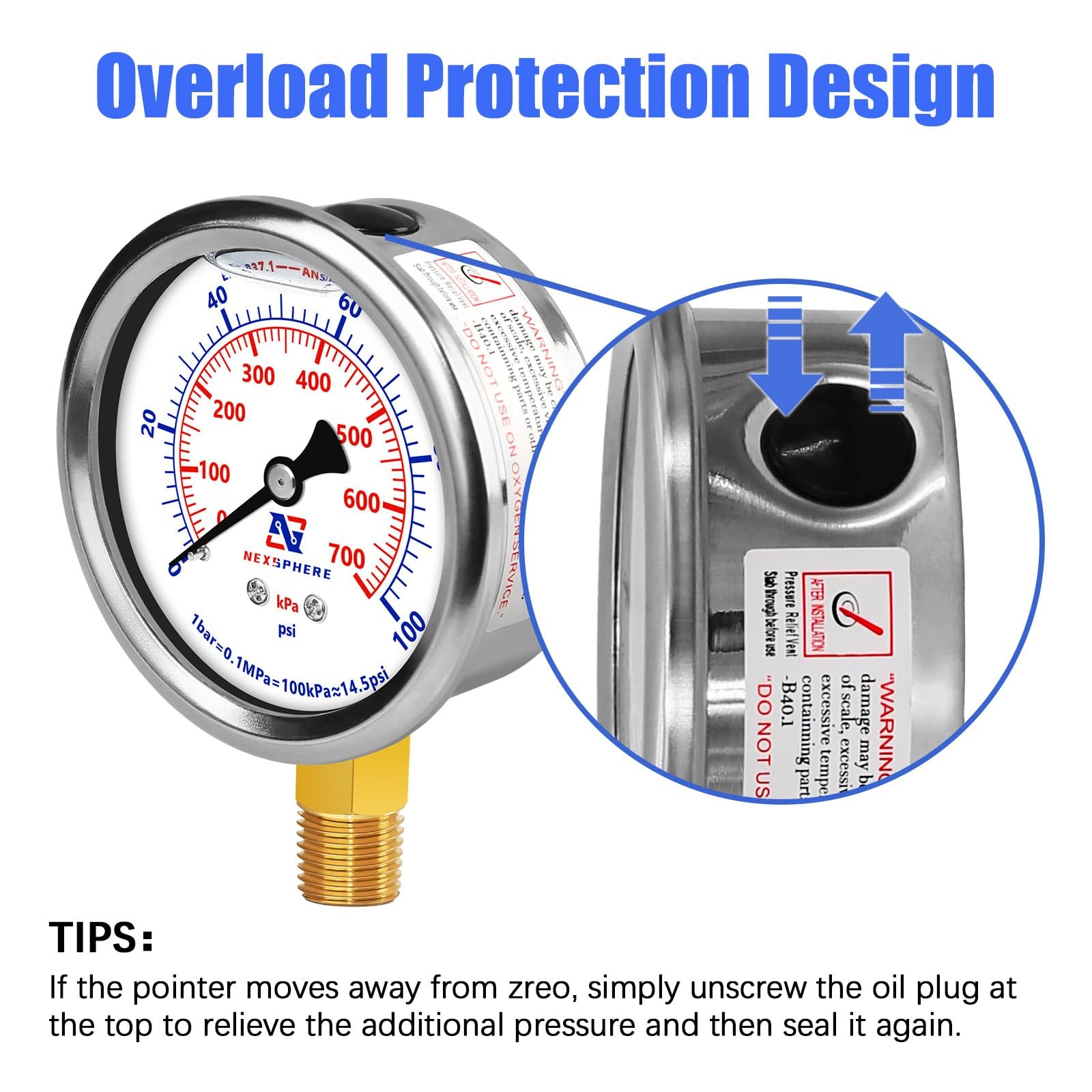 NexSphere 0-100 PSI Liquid Filled Pressure Gauge, 1/4 NPT Lower Mount, 2.5 Di…