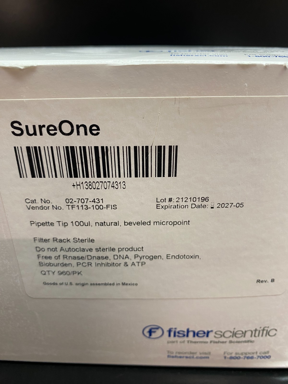 Fisherbrand Cat No 02-707-431 SureOne 100uL Beveled Micropoint Pipette Tips 9PK