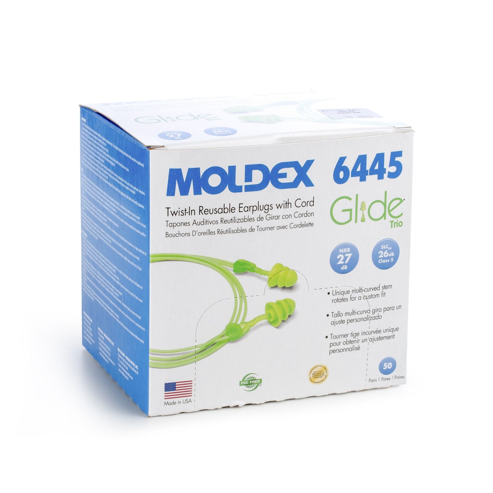 Moldex Glide Trio Corded Reusable Twist & Push-In Earplug 6445, NRR 27dB (50/Pr)