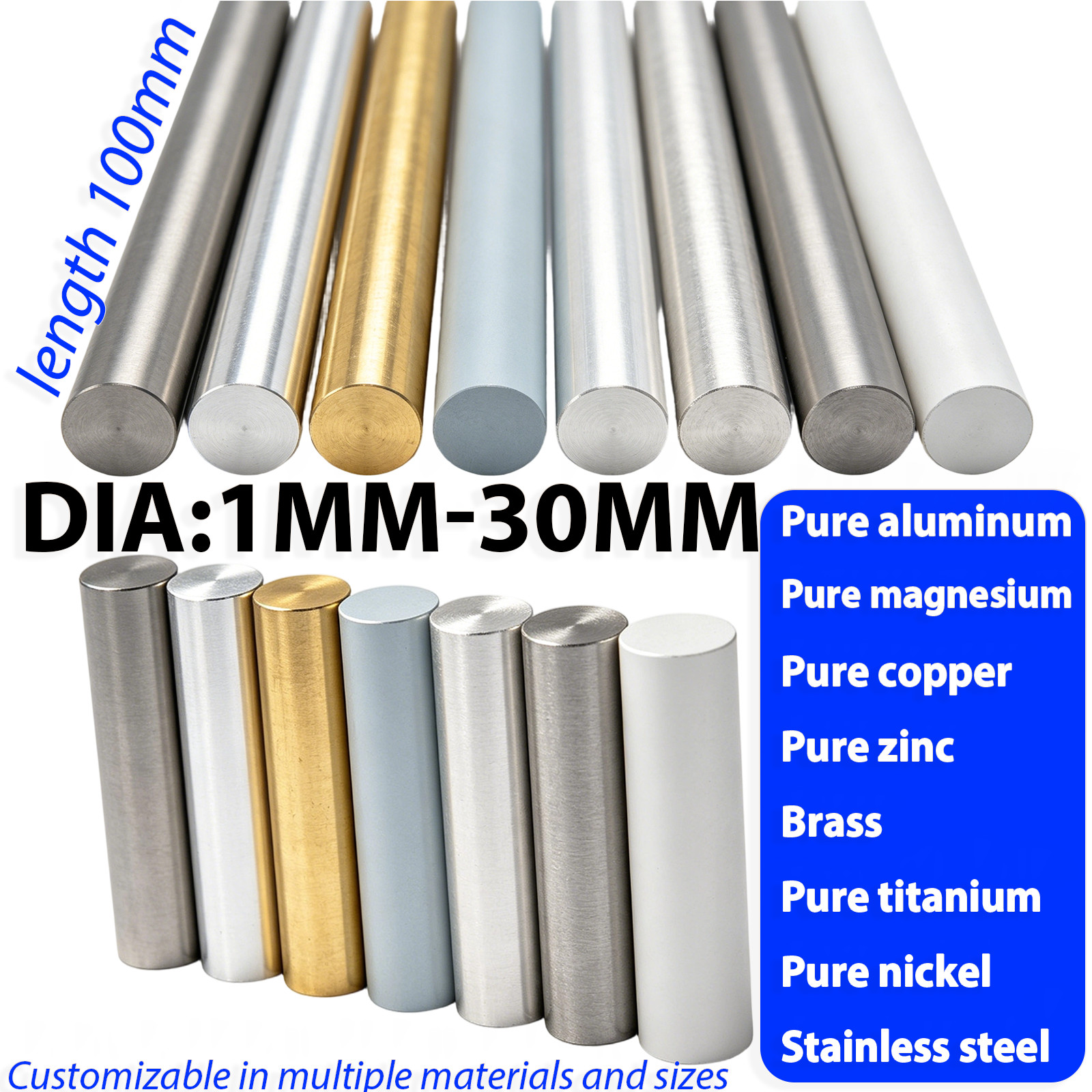 High Purity Metal Round Rod Solid Rod Multiple Materials Dia 1-30mm length 100mm