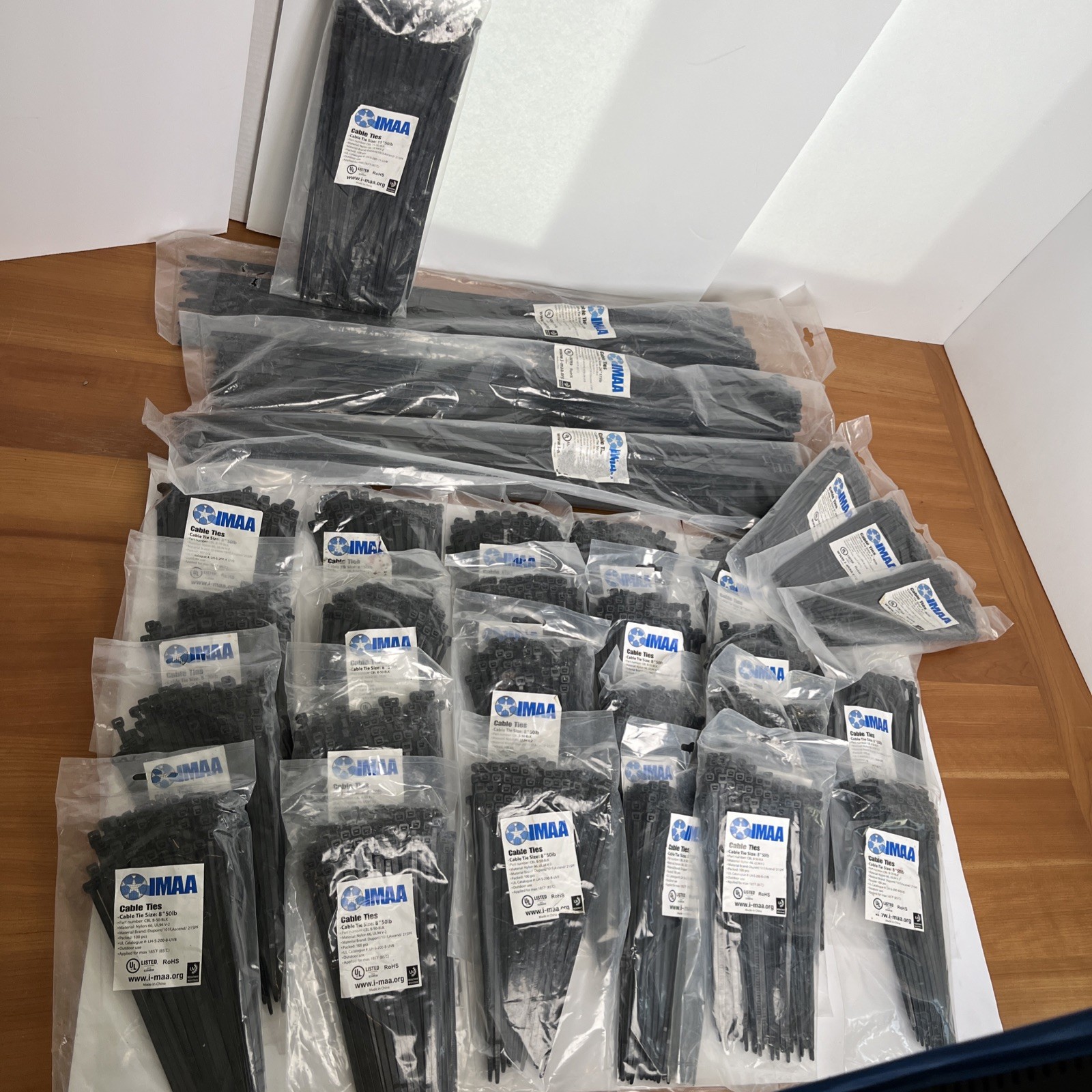 Lot of IMAA Zip Ties: 22 100 Piece Bags of 8” 50LB, 3 100 packs 8” 40lb, Etc