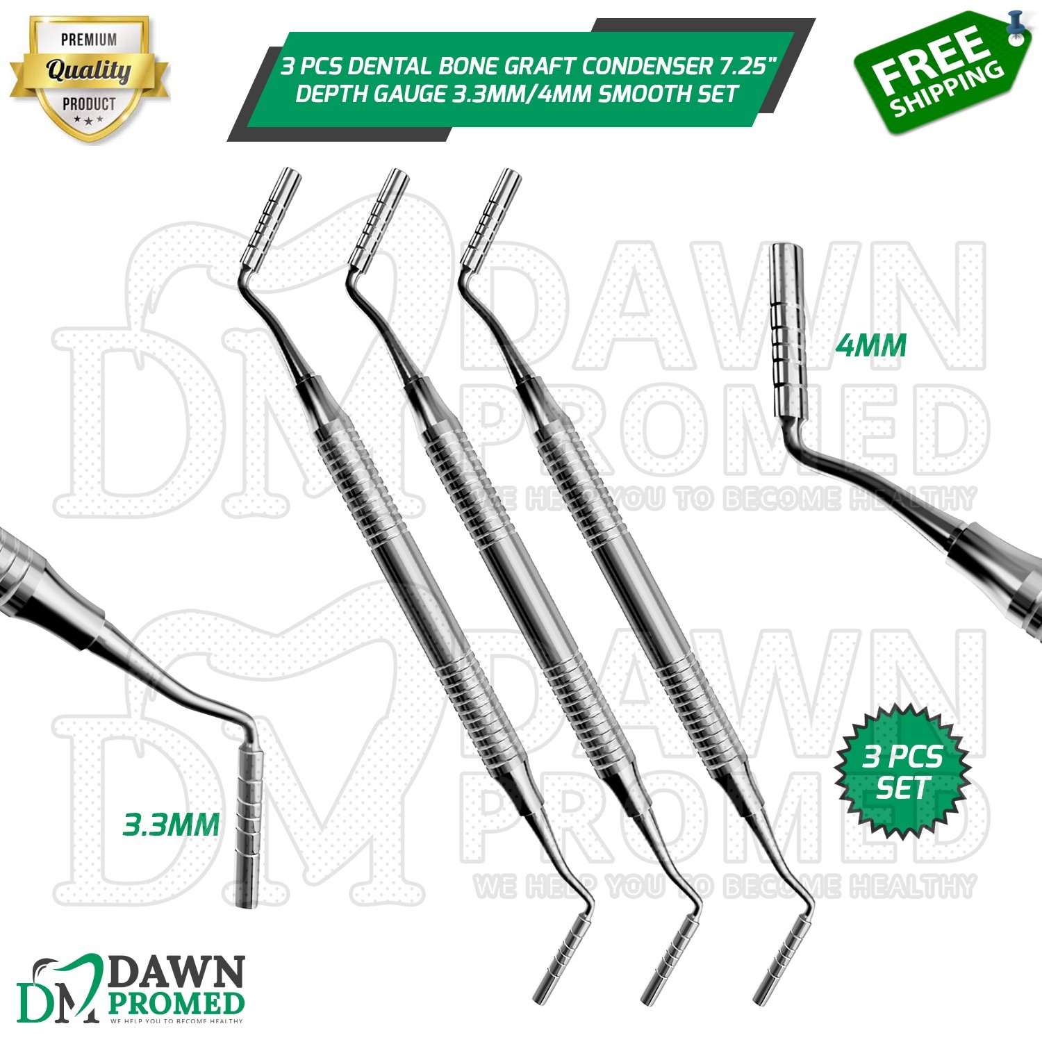 3 Pcs Dental Bone Graft Condenser Plugger 7.25″ Depth Gauge 3.3MM/4MM Smooth Set