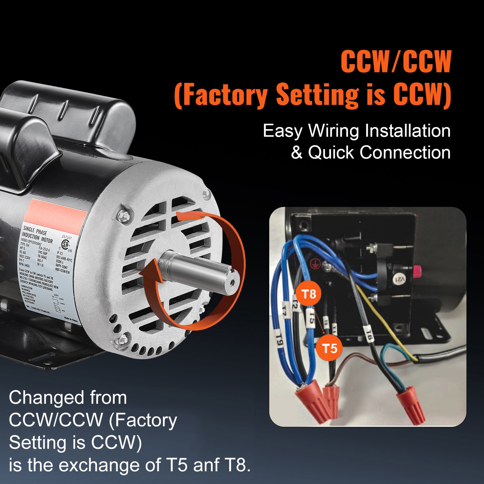 VEVOR 5HP Air Compressor Electric Motor 230V 3450RPM 56Hz Frame CW/CCW Rotation