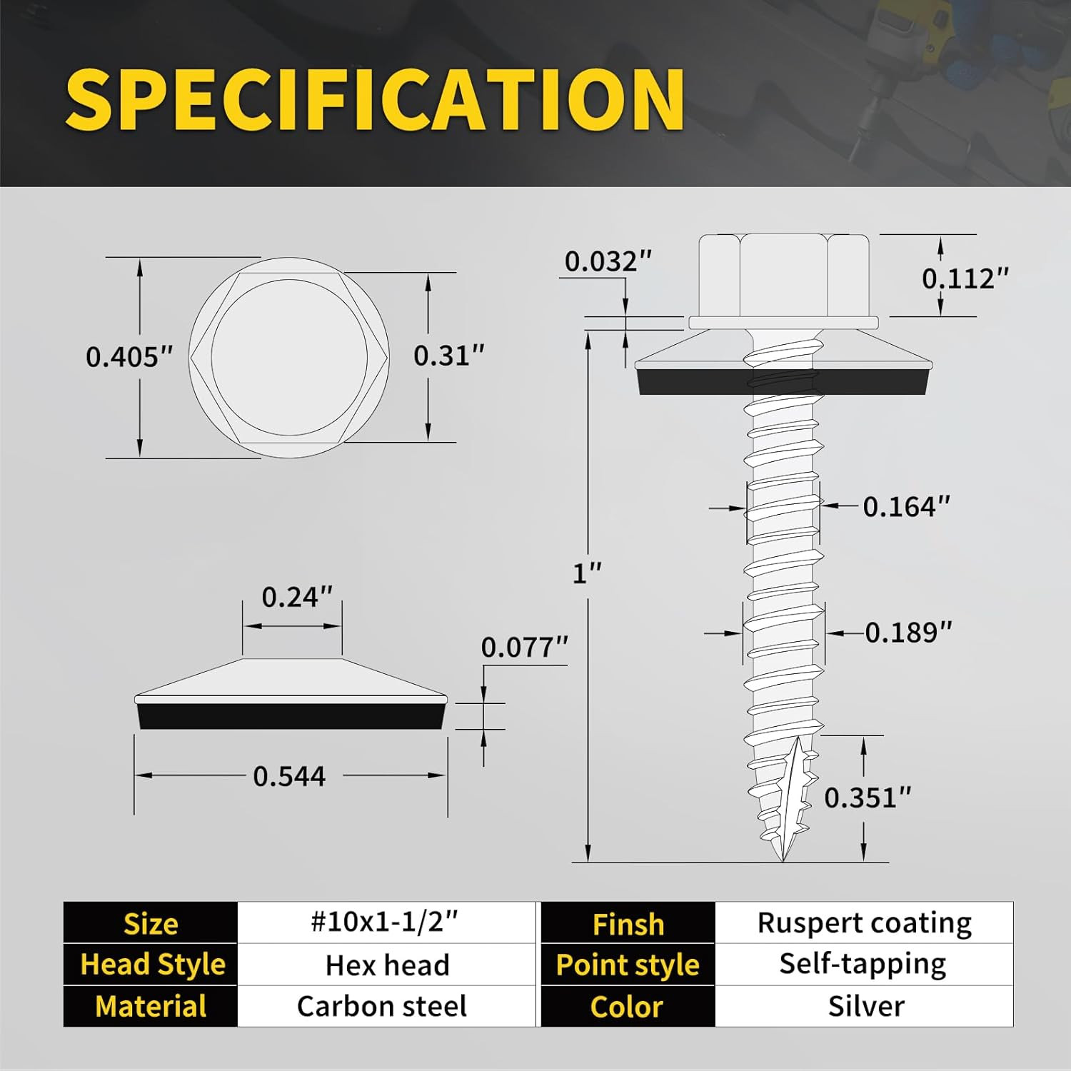 Metal Roofing Screws #10 X 1-1/2″, 300 PCS, FIXLINK RUSPERT Hex Head Rubber Wash