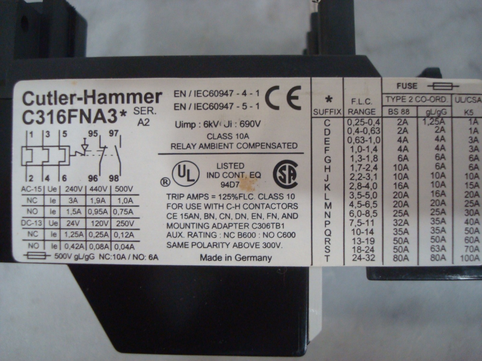 Cutler Hammer C316FNA3H Thermal Overload Relay 1.7-2.4A New in Box USA OBSOLETE