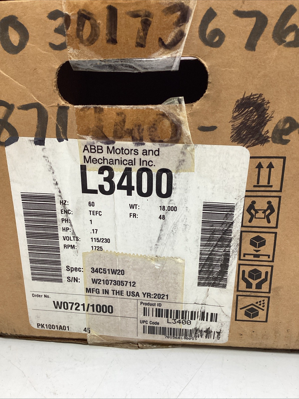 Baldor Reliance Industrial Motor L3400 0.17HP 115/230V 1725RPM Fr. 48 NIB