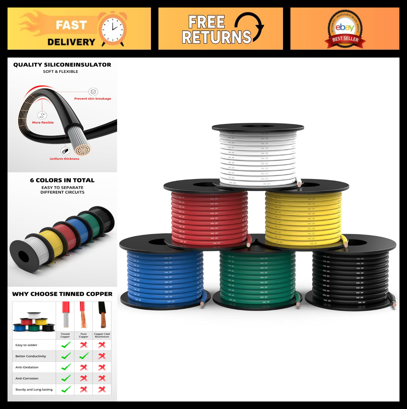 16 AWG 600ft Silicone Tinned Copper Wire – 6 Colors, Flexible Electrical Cable f