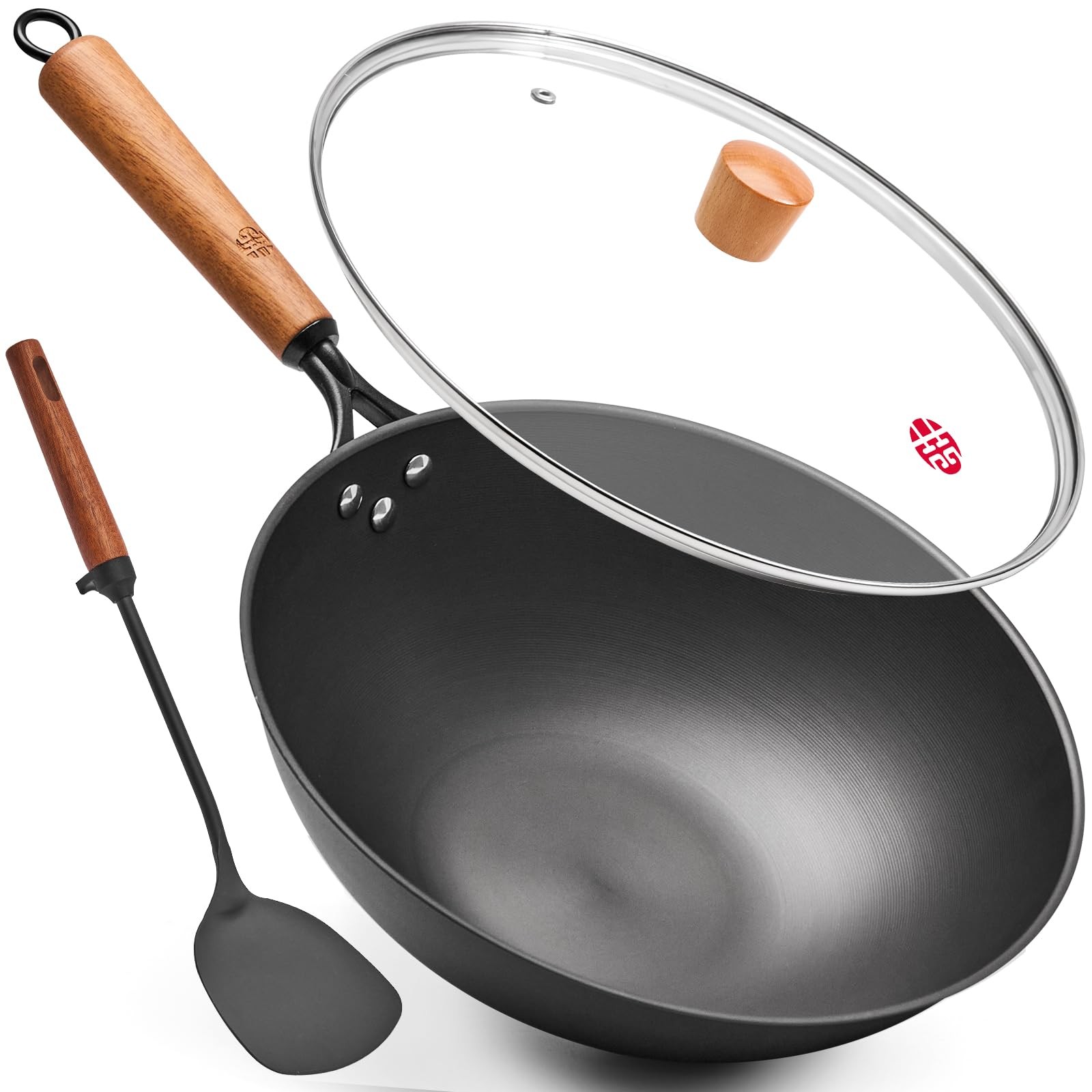 WANGYUANJI Carbon Steel Wok Pan – 12.6 Inch Flat Bottom Wok, Premium Stir Fry Pa