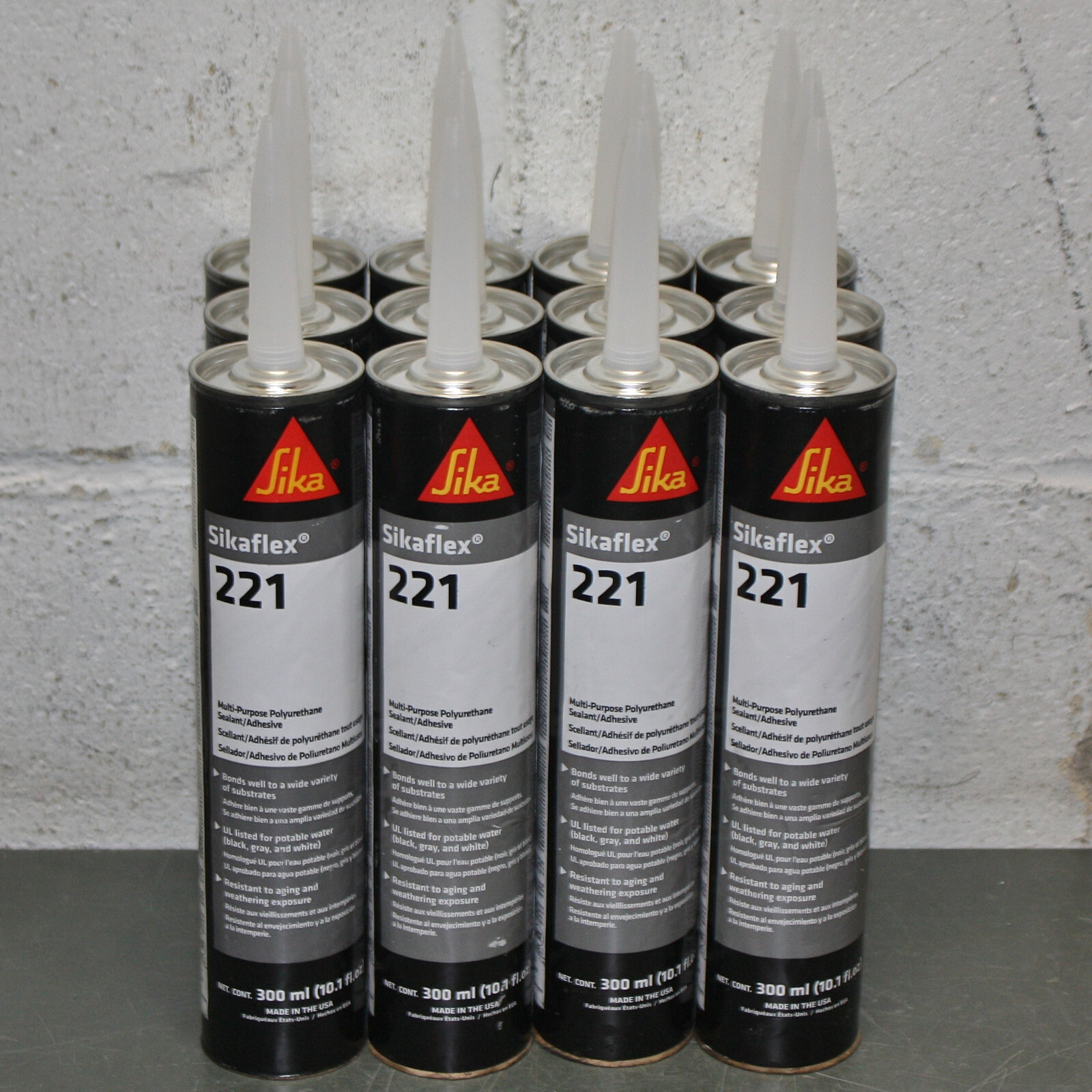 (12) Sika Black Polyurethane Sealant Adhesive 221, 10.1 oz Cartridge, EXP 3/2025