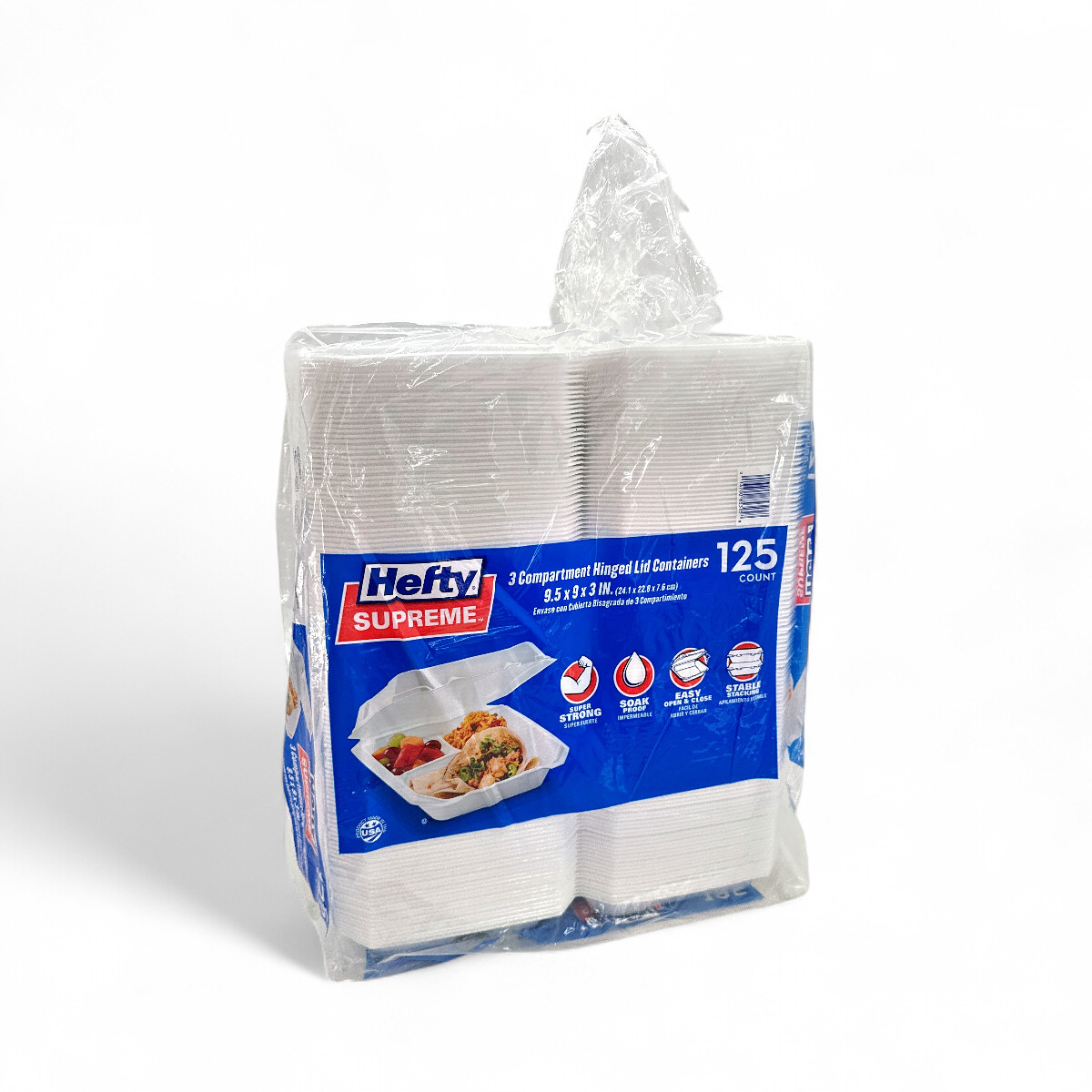Hefty Supreme Foam Hinged Lid Container, 3-Compartment – 125 Count