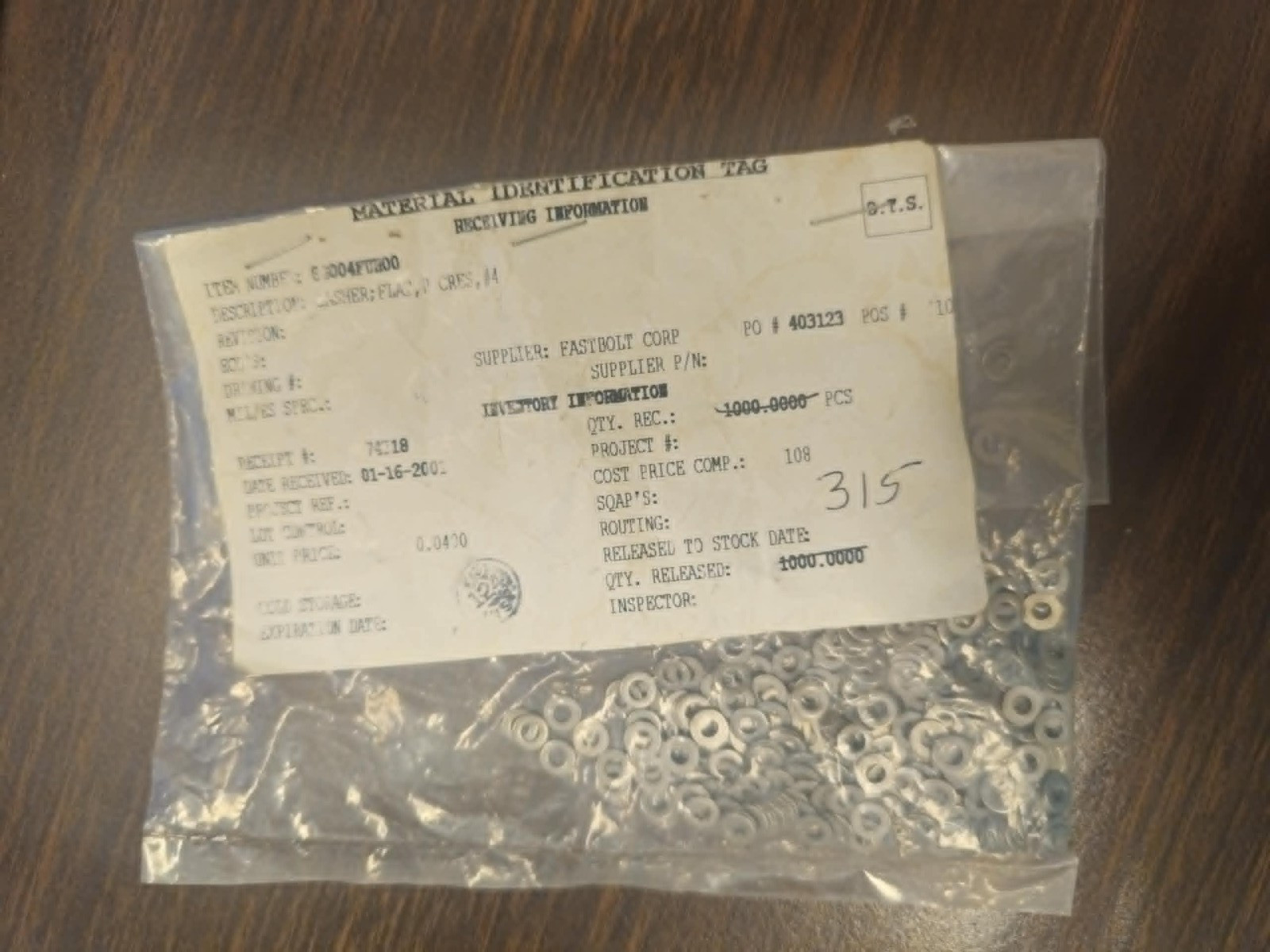 Washer FLAT, Cres 18-8 Stainless – Qty 290 – NOS Bag – 0.190 ID