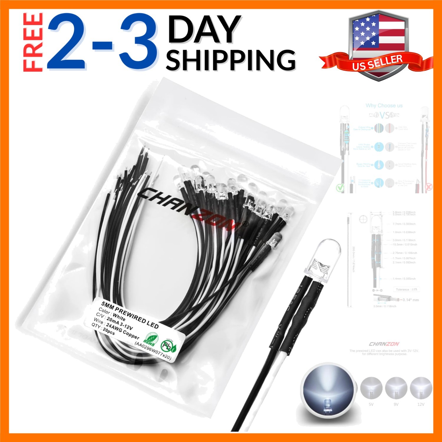 20 pcs Pre-Wired 5mm White LED Diode Lights Clear Round Transparent Lens DC 1…
