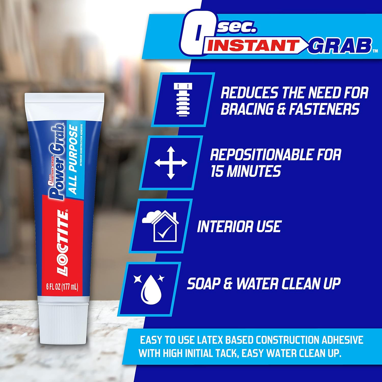 Power Grab Express All Purpose Construction Adhesive, 3 Fl Oz Squeeze Tube, 1 Pa