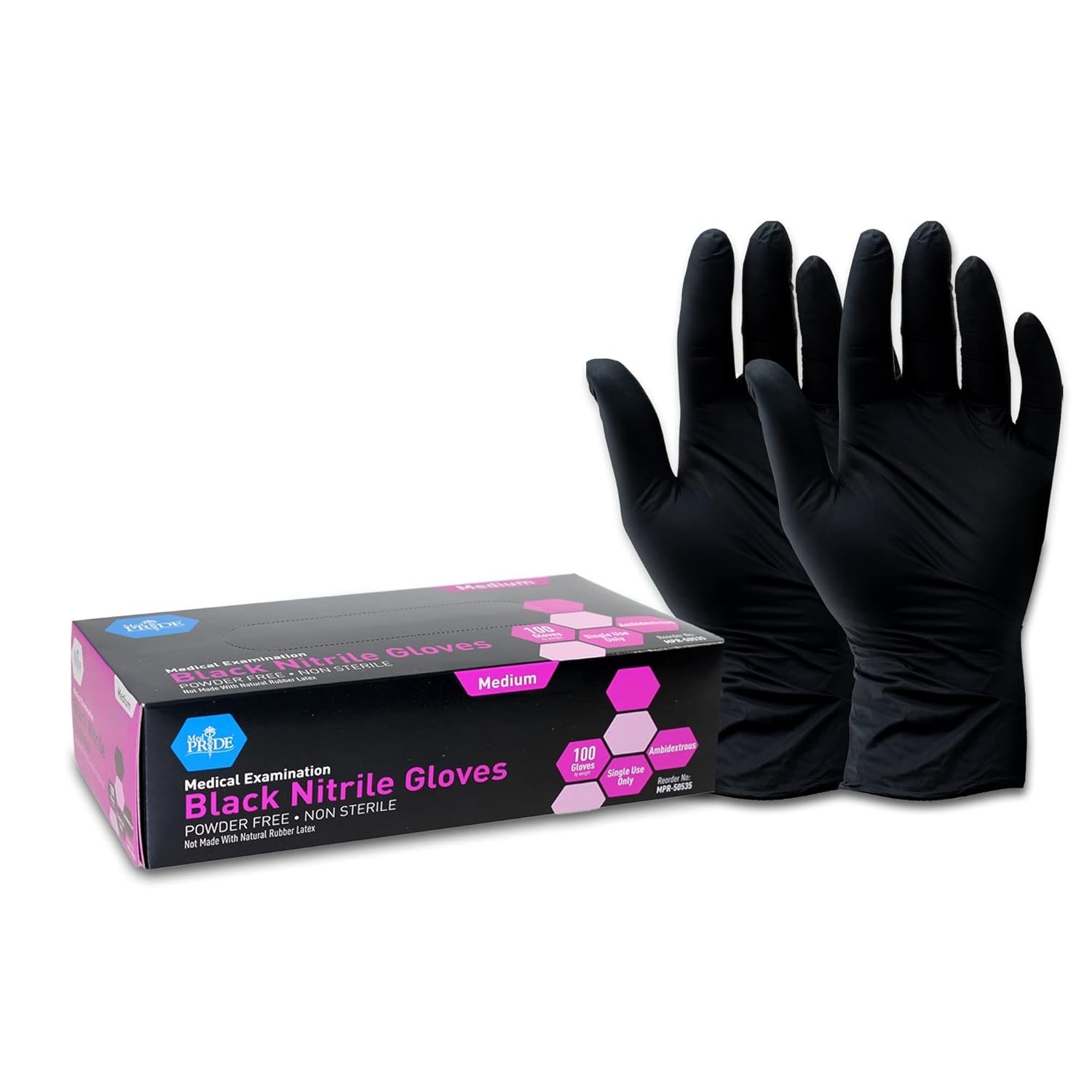 Medpride Nitrile Medical Examination Gloves-Medium-Box of 100 Gloves, Black
