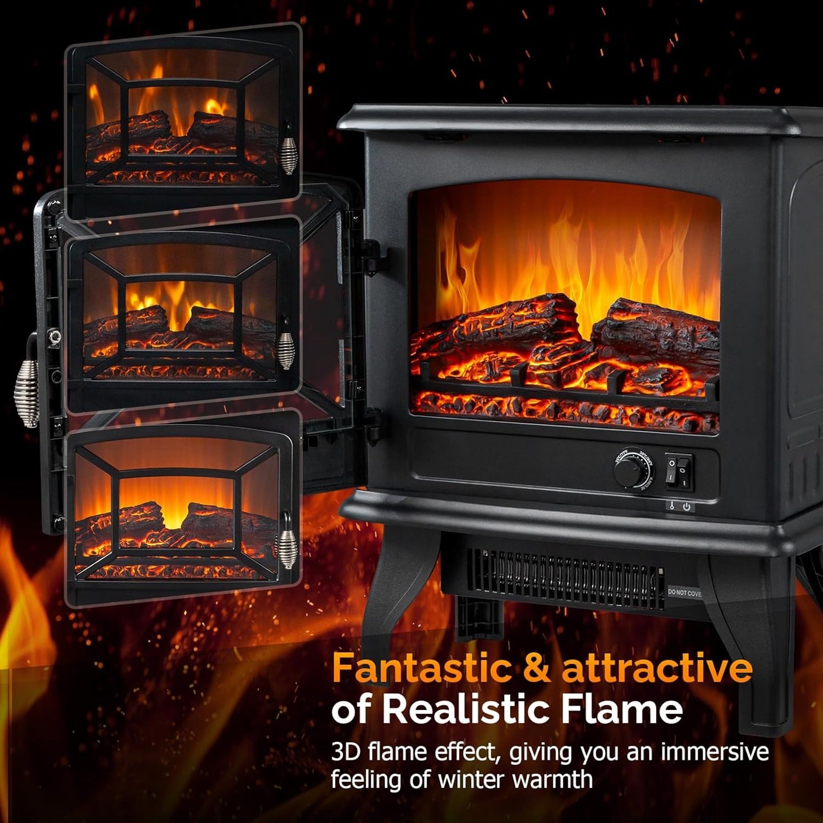 ROVSUN 20″ 1400W 120V Electric Fireplace Stove; Temp Adjustable Heater