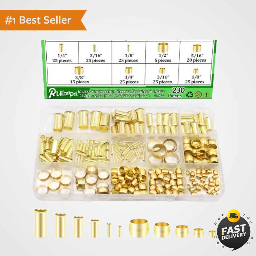 Compression Fittings Assortment kit-6 230PCS Sleeves Ferrules,Insert, Brass