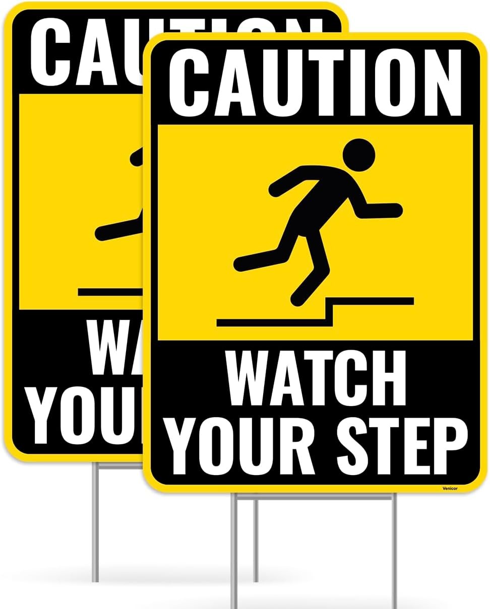 2PC Watch Your Step Sign with Metal Stakes, 12 Inches by 9 Inches – Corrugated P