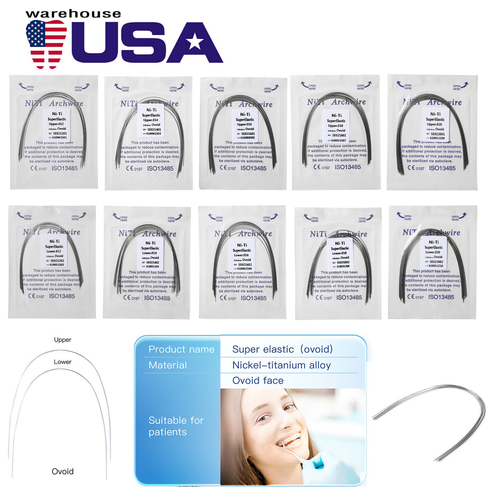 10Packs/100pcs dental orthodontic super elastic NITI round arch wire Ovoid form