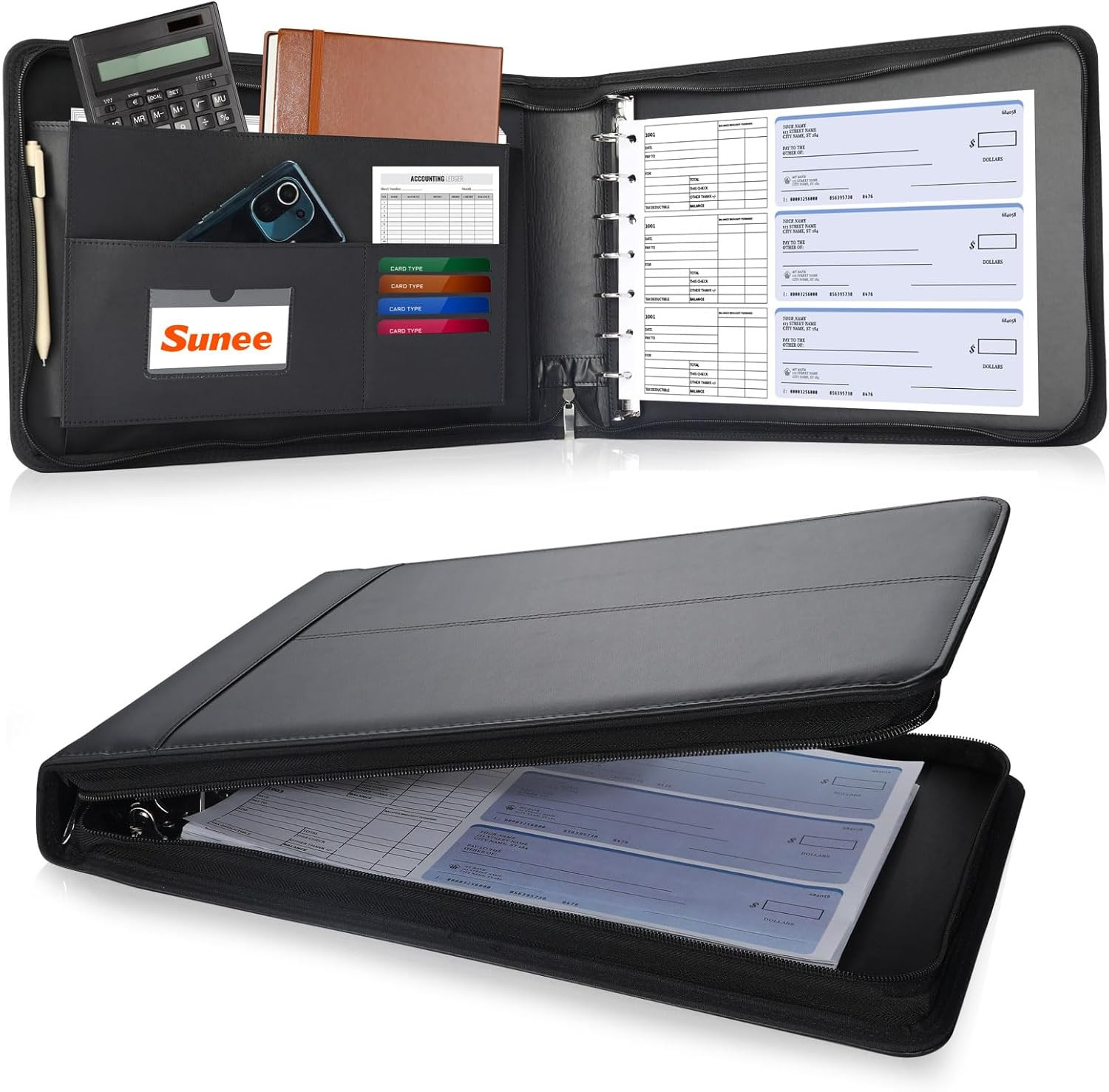 Zippered Business Checkbook Binder 7 Ring 9×13 PU Leather Holds 600 Checks Black
