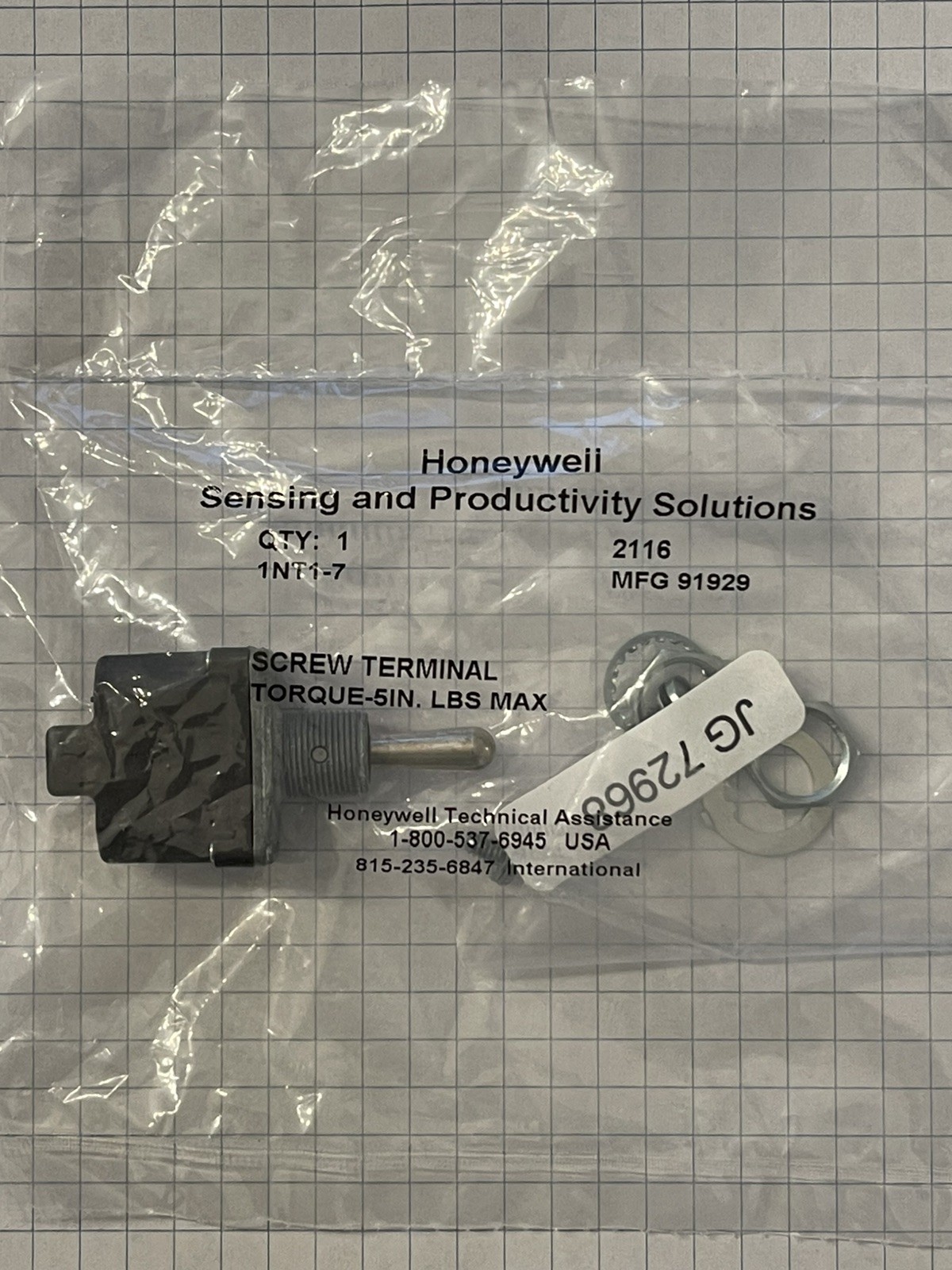 Honeywell 1NT1-7 Toggle Switch, SPDT, On-Off-On, 10A, 125 VAC, 15/32in., Sealed,